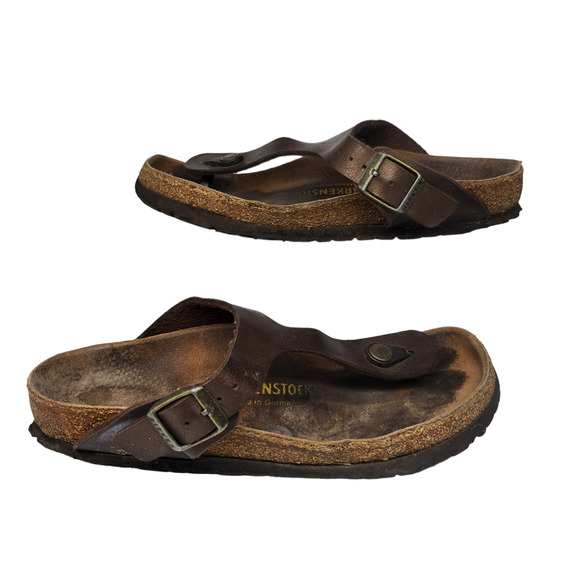 Birkenstock Sandals 37 Womens 6 Brown Leather Gizeh Thong Slip Ons Bronze - Picture 2 of 12